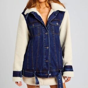 Seroya Mink Teddy Denim Jacket Women’s S/M Belted Winter Lined Oversized Jean